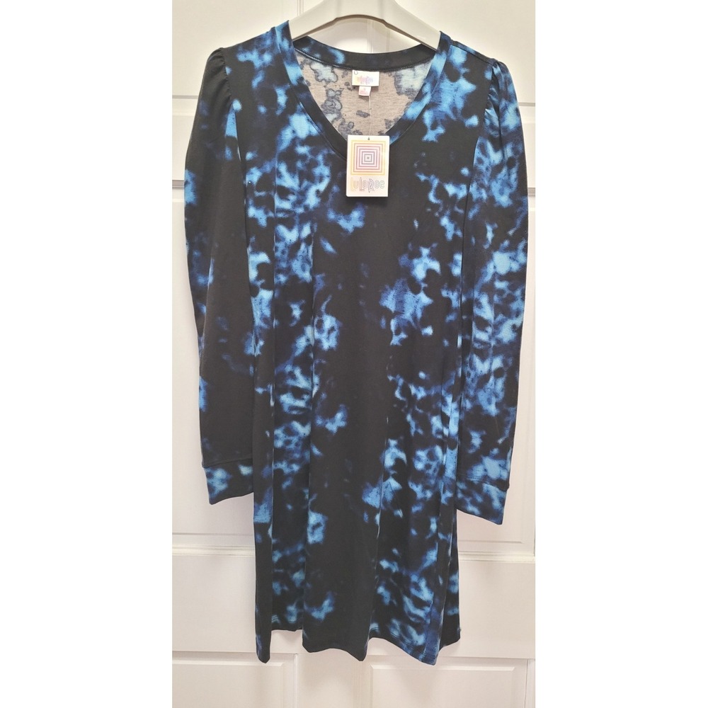 LulaRoe Women's Ava Long Sleeve V-Neck T-Shirt Dress - Blue/Black Tie Die - Sz S
